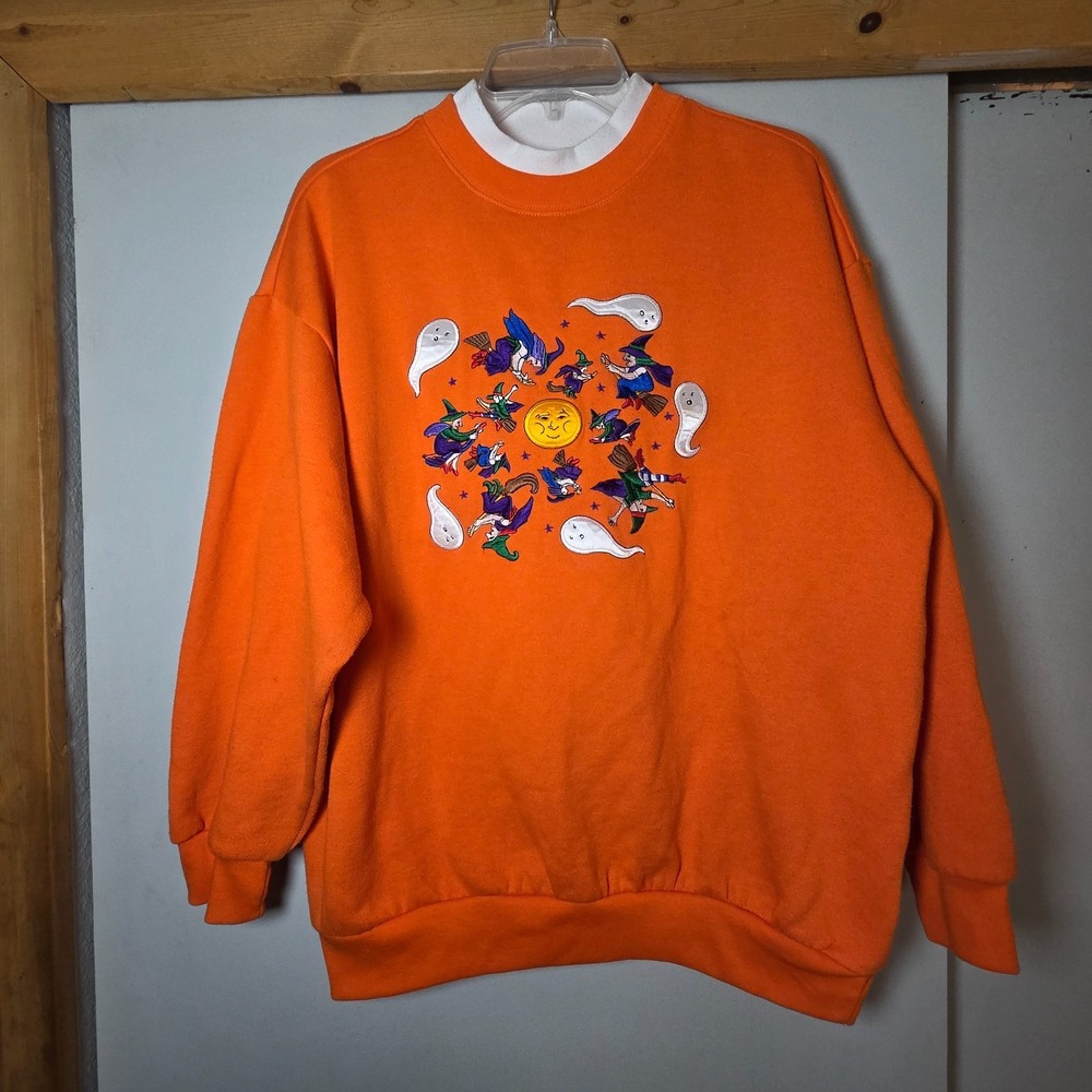 VTG Basic Editions Women's Halloween Orange Sweater Size L Witch Ghost Celestial